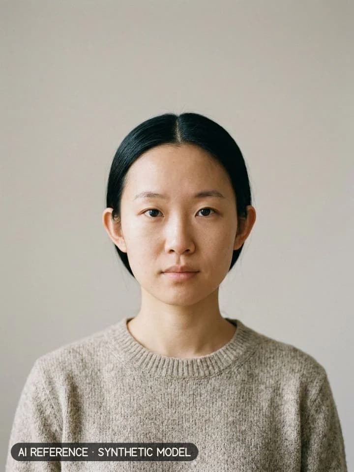 Model W1 before the cut, with their own hair. AI reference on a synthetic model — not a real person.
