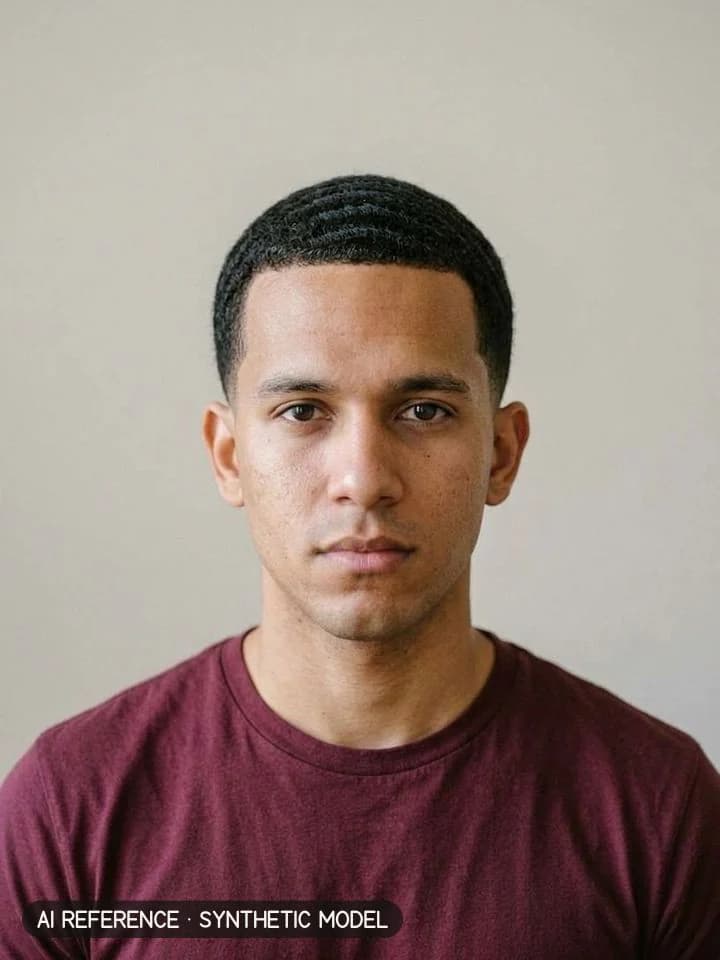 360 waves on Model M5 (light brown skin · curly 3B–3C hair · 20s). AI reference on a synthetic model — not a real person.