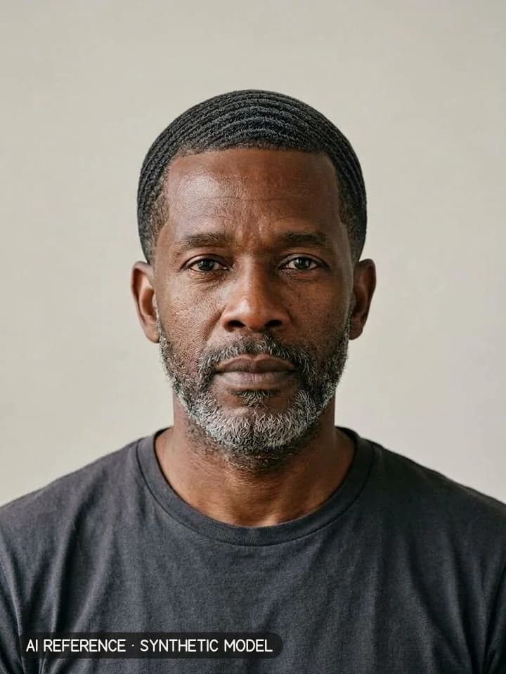 360 waves on Model M6 (dark brown skin · coily 4A hair with some gray · 50s). AI reference on a synthetic model — not a real person.