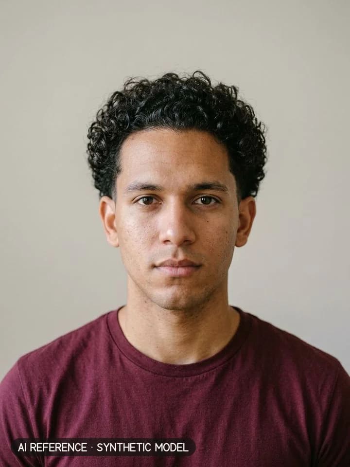 Afro taper on Model M5 (light brown skin · curly 3B–3C hair · 20s). AI reference on a synthetic model — not a real person.