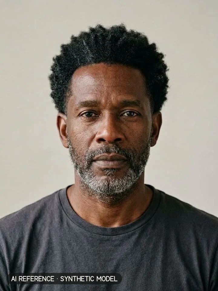 Afro taper on Model M6 (dark brown skin · coily 4A hair with some gray · 50s). AI reference on a synthetic model — not a real person.