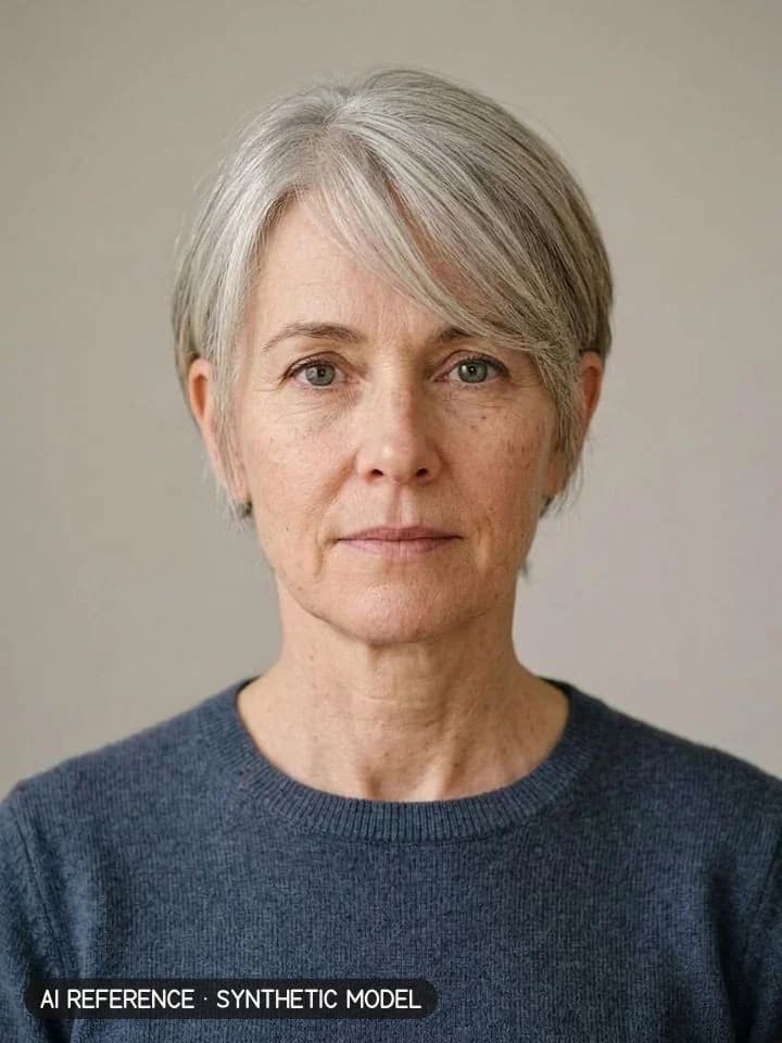 Long pixie / bixie on Model W2 (fair skin · straight 1C hair with silver strands · 50s). AI reference on a synthetic model — not a real person.