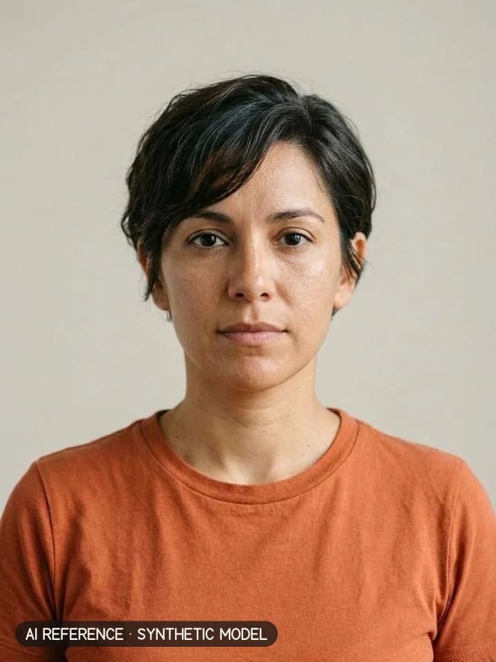 Long pixie / bixie on Model W3 (olive skin · wavy 2A–2B hair · 30s). AI reference on a synthetic model — not a real person.