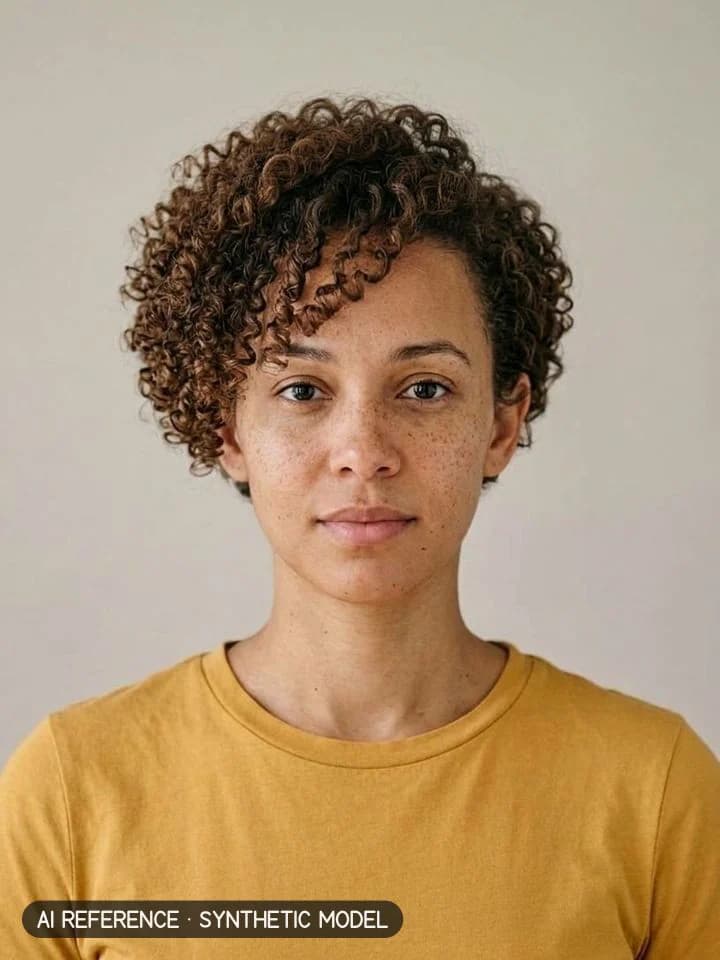 Long pixie / bixie on Model W4 (light brown skin · curly 3A–3B hair · 20s). AI reference on a synthetic model — not a real person.