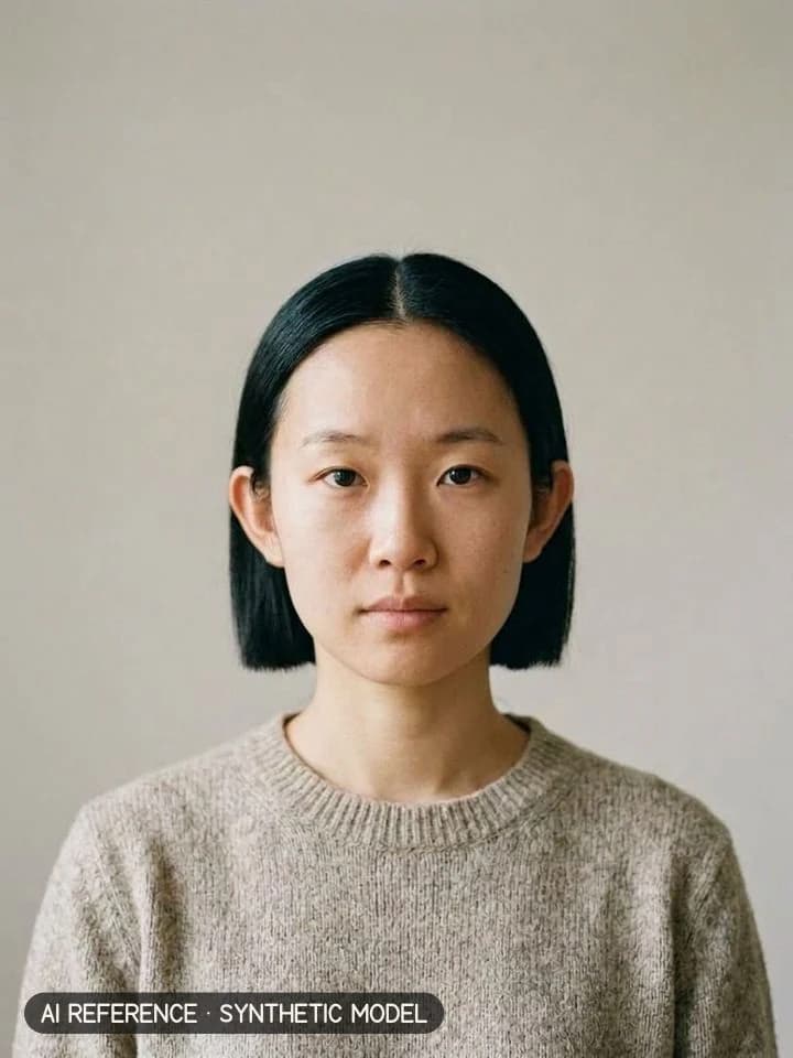 Blunt chin bob on Model W1 (light skin · straight 1B hair · 20s). AI reference on a synthetic model — not a real person.