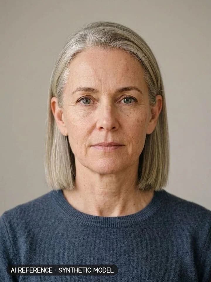 Blunt chin bob on Model W2 (fair skin · straight 1C hair with silver strands · 50s). AI reference on a synthetic model — not a real person.