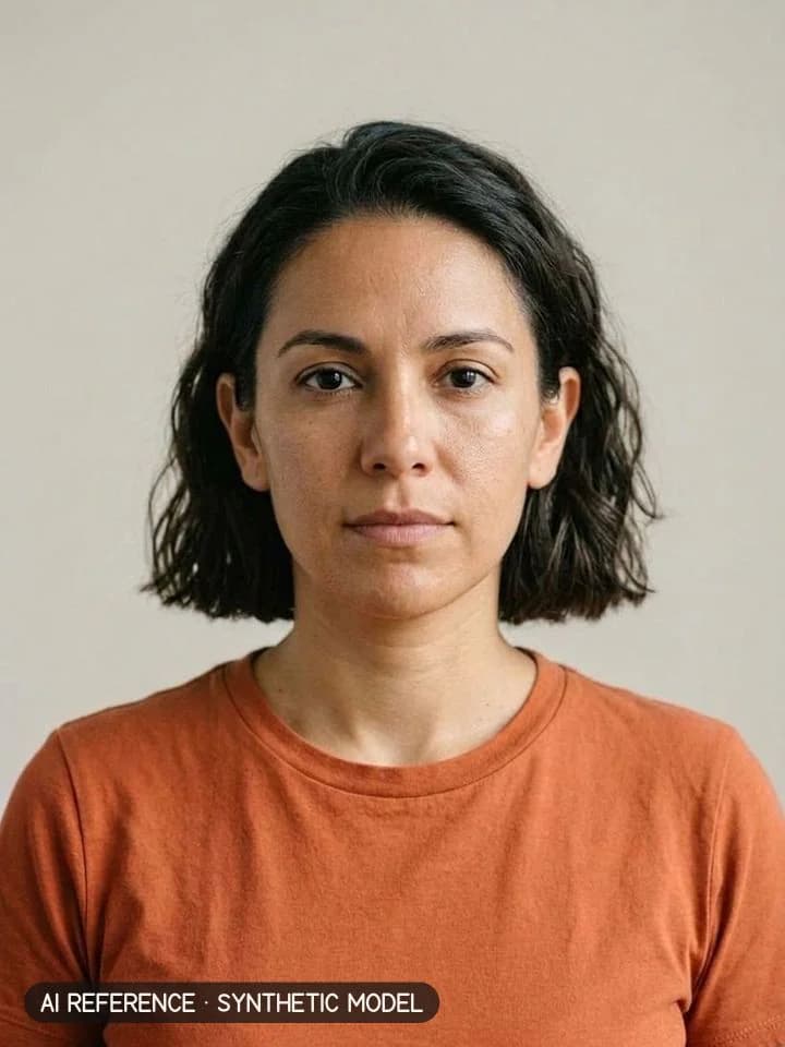 Blunt chin bob on Model W3 (olive skin · wavy 2A–2B hair · 30s). AI reference on a synthetic model — not a real person.