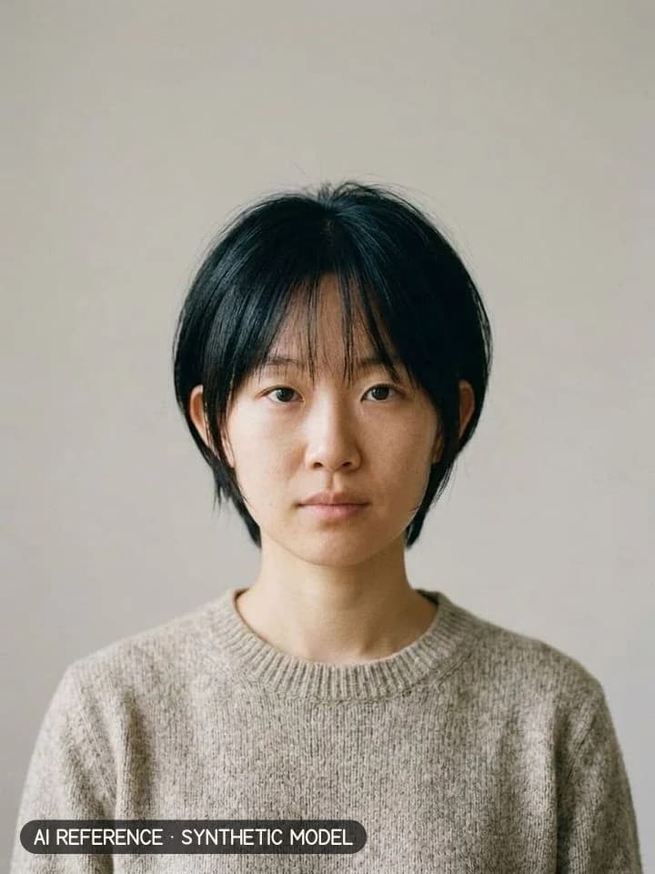 Butterfly cut on Model W1 (light skin · straight 1B hair · 20s). AI reference on a synthetic model — not a real person.