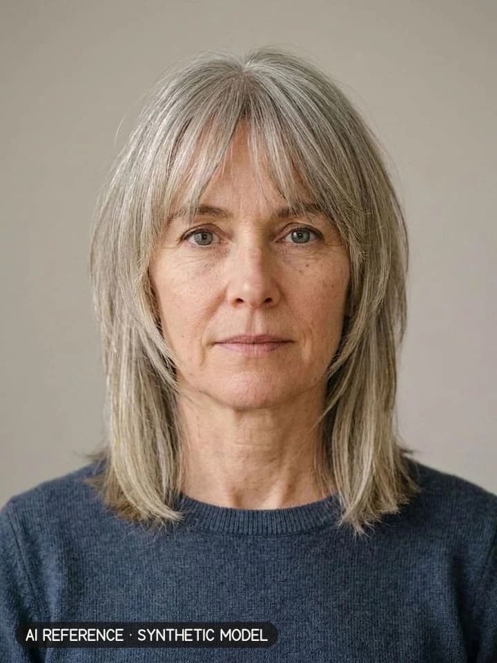 Butterfly cut on Model W2 (fair skin · straight 1C hair with silver strands · 50s). AI reference on a synthetic model — not a real person.