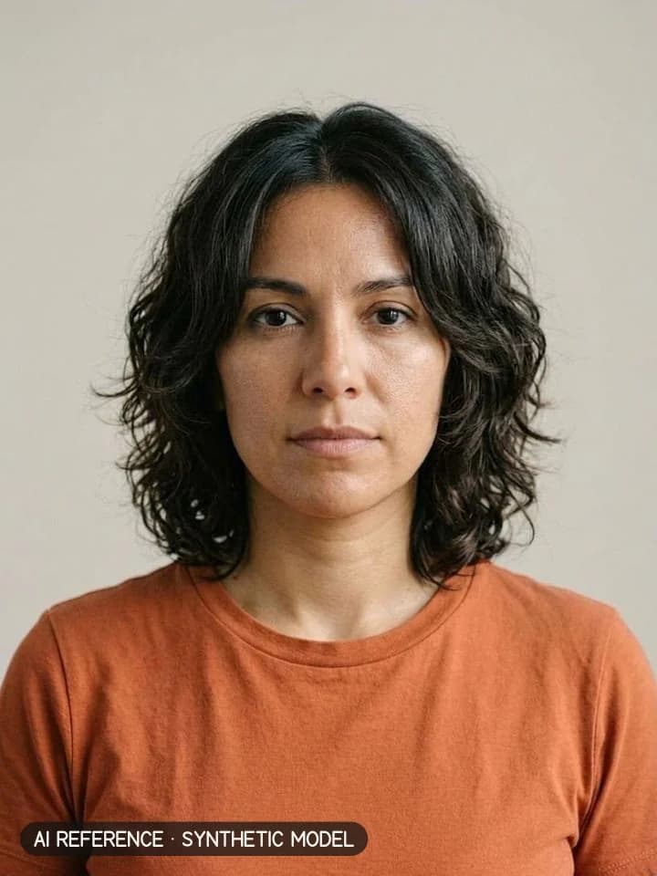 Butterfly cut on Model W3 (olive skin · wavy 2A–2B hair · 30s). AI reference on a synthetic model — not a real person.