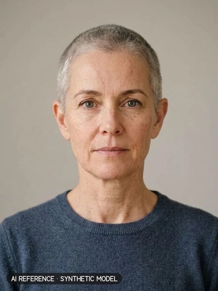 Buzz / crop on Model W2 (fair skin · straight 1C hair with silver strands · 50s). AI reference on a synthetic model — not a real person.