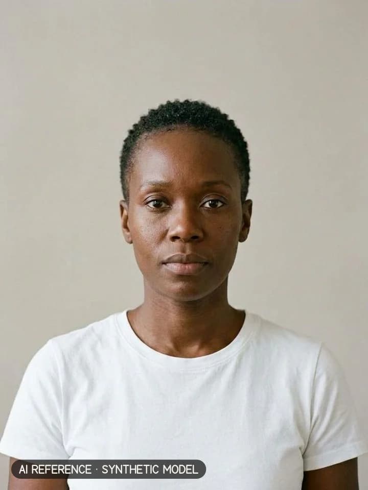 Buzz / crop on Model W5 (deep brown skin · coily 4A–4B hair · 30s). AI reference on a synthetic model — not a real person.