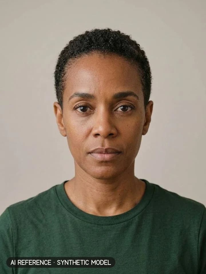 Buzz / crop on Model W6 (medium-dark brown skin · tightly curly 3C–4A hair · 40s). AI reference on a synthetic model — not a real person.