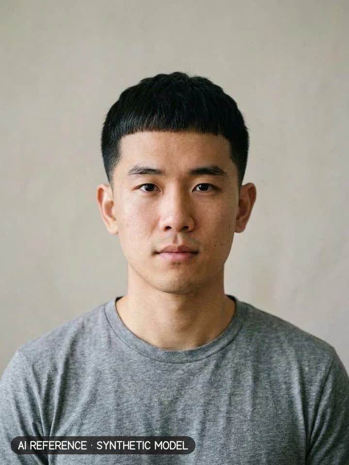 Caesar cut on Model M1 (light skin · straight 1B hair · 20s). AI reference on a synthetic model — not a real person.