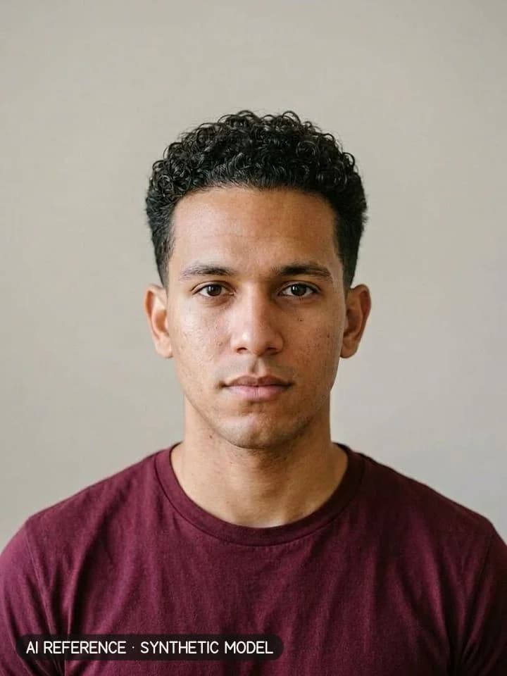 Crew cut on Model M5 (light brown skin · curly 3B–3C hair · 20s). AI reference on a synthetic model — not a real person.