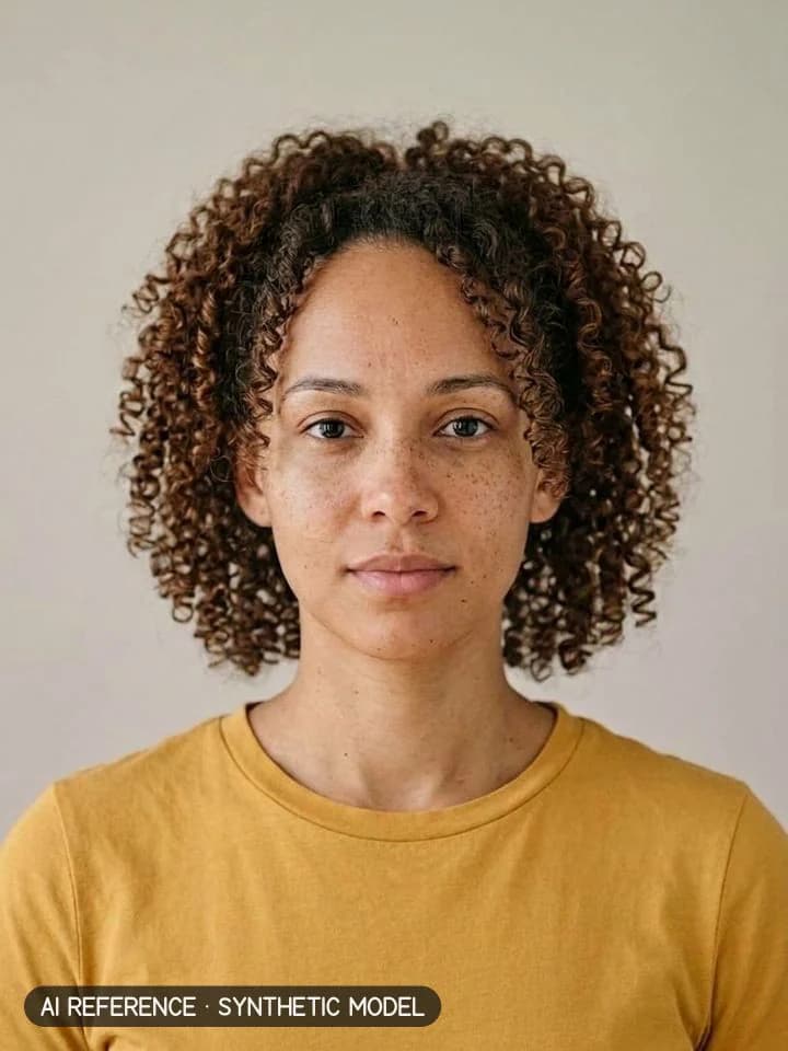 Curly rounded cut (Deva-style) on Model W4 (light brown skin · curly 3A–3B hair · 20s). AI reference on a synthetic model — not a real person.