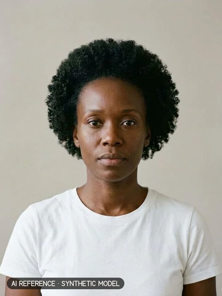 Curly rounded cut (Deva-style) on Model W5 (deep brown skin · coily 4A–4B hair · 30s). AI reference on a synthetic model — not a real person.