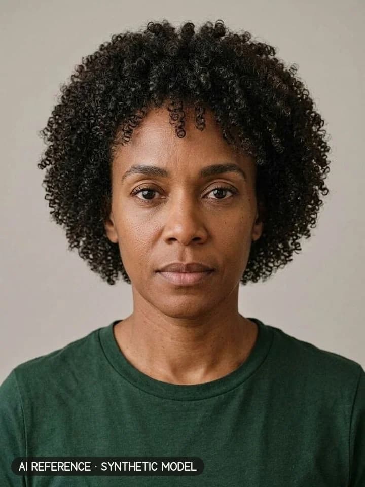 Curly rounded cut (Deva-style) on Model W6 (medium-dark brown skin · tightly curly 3C–4A hair · 40s). AI reference on a synthetic model — not a real person.