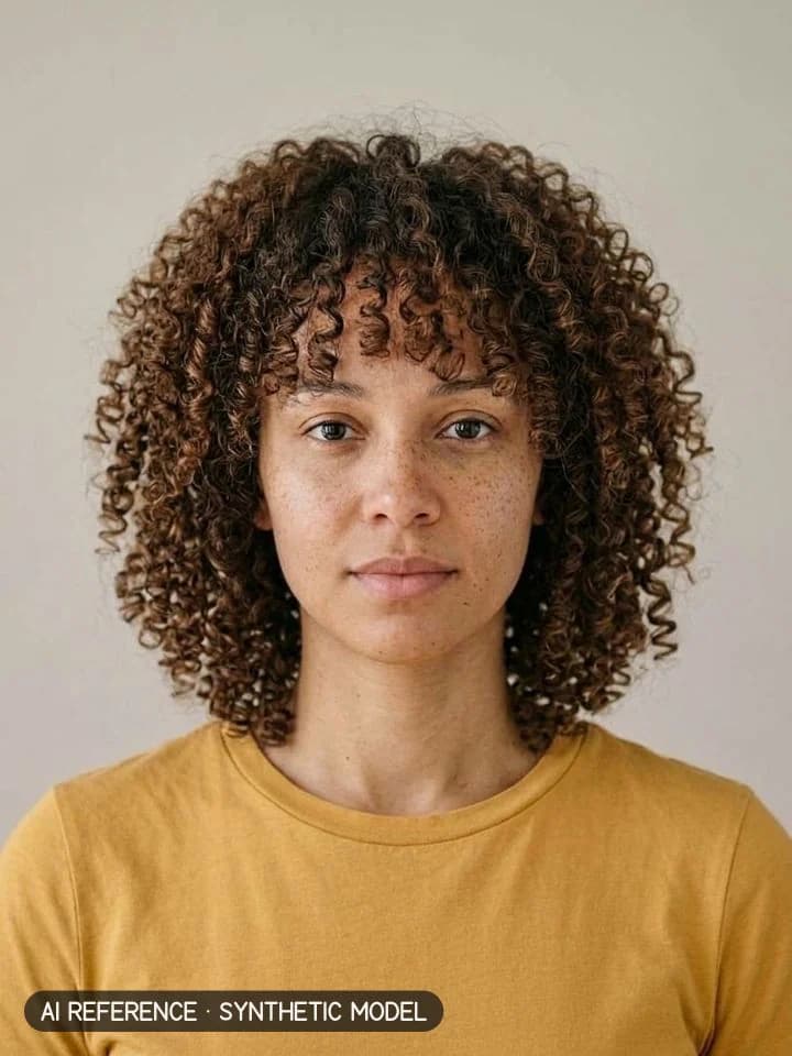 Curly shag (Rezo-style) on Model W4 (light brown skin · curly 3A–3B hair · 20s). AI reference on a synthetic model — not a real person.