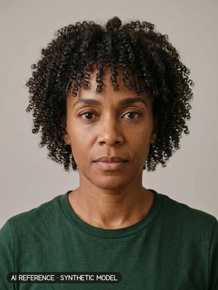 Curly shag (Rezo-style) on Model W6 (medium-dark brown skin · tightly curly 3C–4A hair · 40s). AI reference on a synthetic model — not a real person.