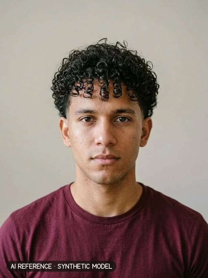 Curly top + taper on Model M5 (light brown skin · curly 3B–3C hair · 20s). AI reference on a synthetic model — not a real person.