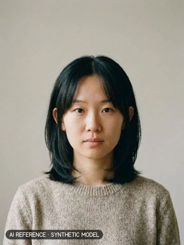Curtain-bang layered cut on Model W1 (light skin · straight 1B hair · 20s). AI reference on a synthetic model — not a real person.