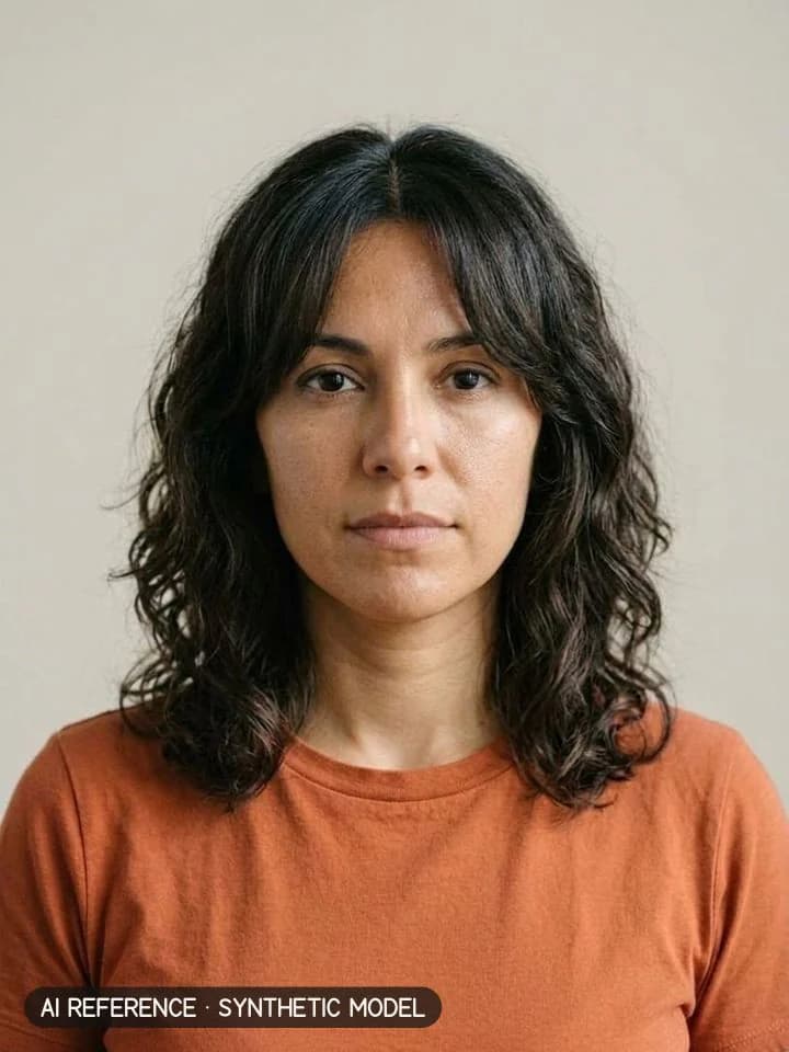 Curtain-bang layered cut on Model W3 (olive skin · wavy 2A–2B hair · 30s). AI reference on a synthetic model — not a real person.