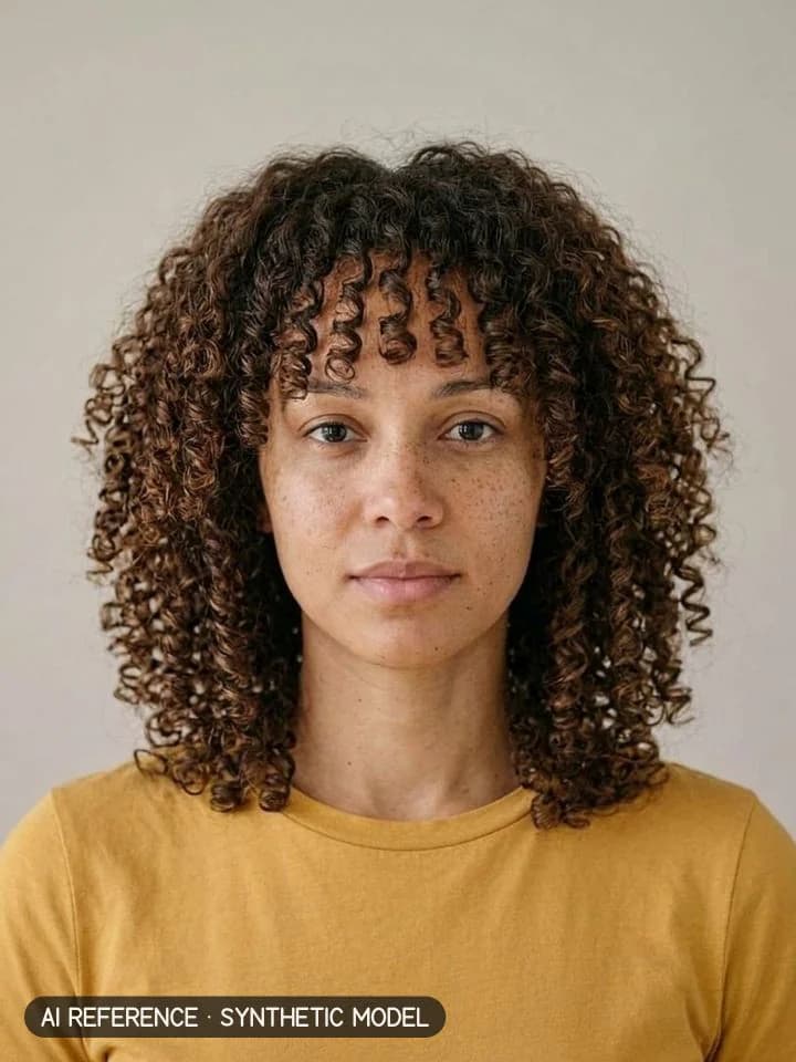 Curtain-bang layered cut on Model W4 (light brown skin · curly 3A–3B hair · 20s). AI reference on a synthetic model — not a real person.