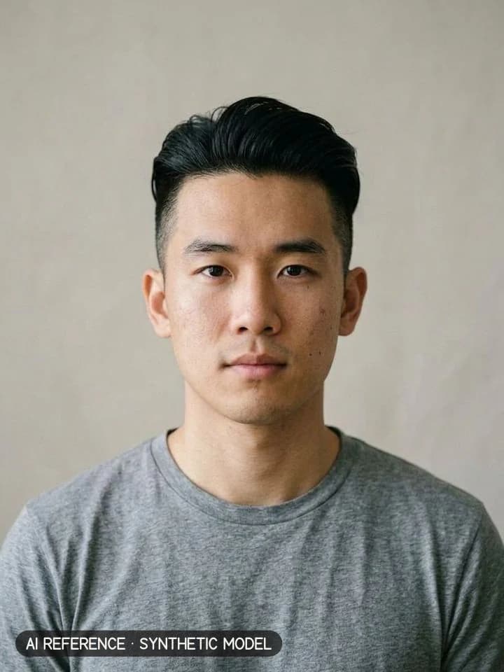 Disconnected undercut on Model M1 (light skin · straight 1B hair · 20s). AI reference on a synthetic model — not a real person.
