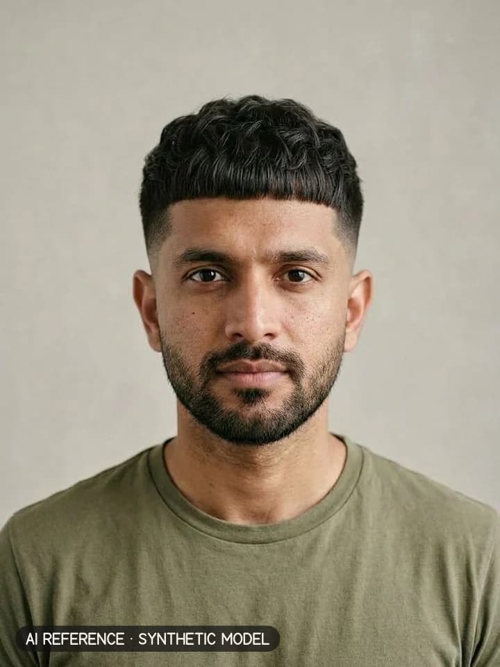 Edgar cut on Model M3 (medium brown skin · thick wavy 2B–2C hair · 30s). AI reference on a synthetic model — not a real person.