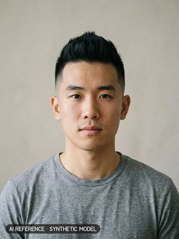 Faux hawk on Model M1 (light skin · straight 1B hair · 20s). AI reference on a synthetic model — not a real person.