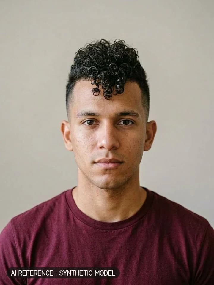 Faux hawk on Model M5 (light brown skin · curly 3B–3C hair · 20s). AI reference on a synthetic model — not a real person.