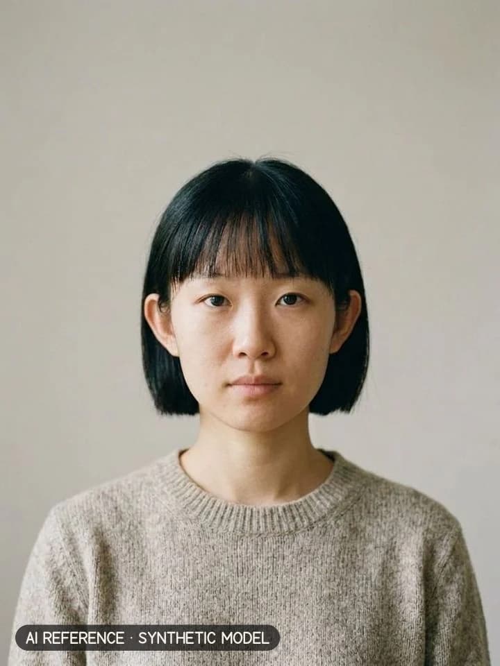 French bob with bangs on Model W1 (light skin · straight 1B hair · 20s). AI reference on a synthetic model — not a real person.