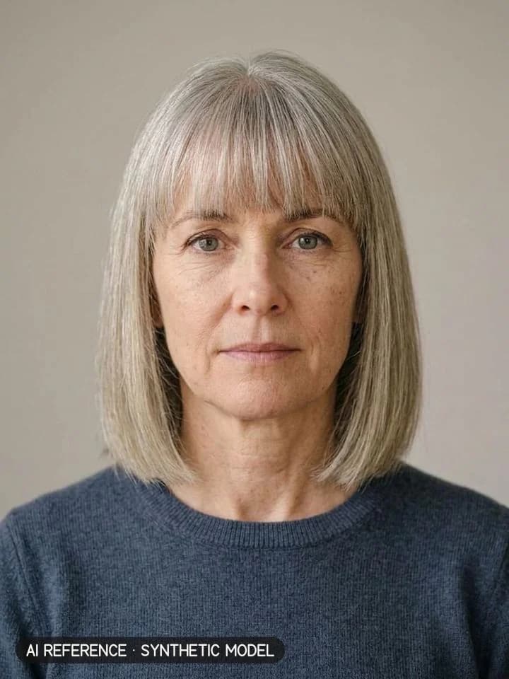 French bob with bangs on Model W2 (fair skin · straight 1C hair with silver strands · 50s). AI reference on a synthetic model — not a real person.