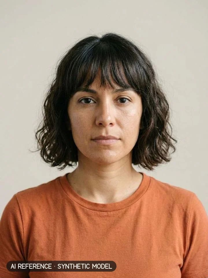 French bob with bangs on Model W3 (olive skin · wavy 2A–2B hair · 30s). AI reference on a synthetic model — not a real person.