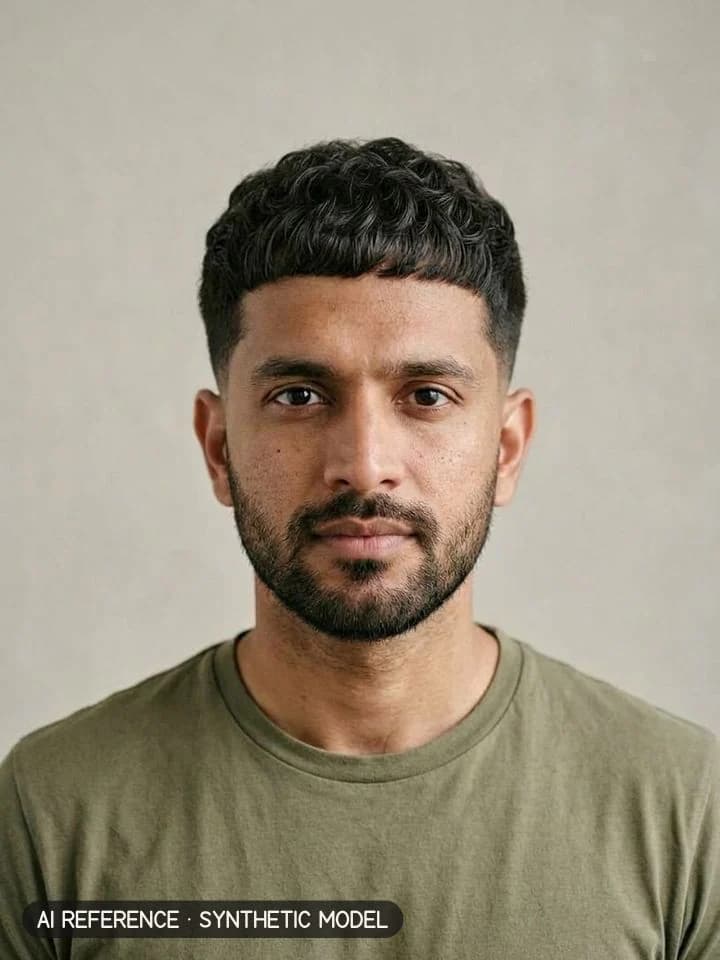 French crop on Model M3 (medium brown skin · thick wavy 2B–2C hair · 30s). AI reference on a synthetic model — not a real person.