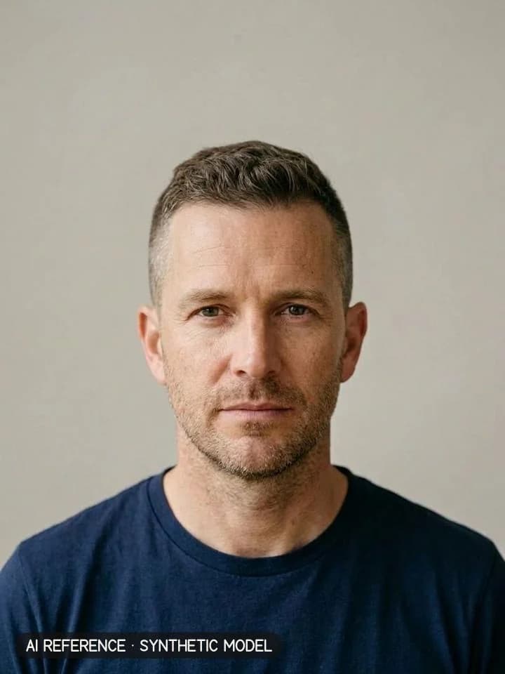 High and tight on Model M2 (fair skin · fine-wavy 2A hair with some gray · 40s). AI reference on a synthetic model — not a real person.