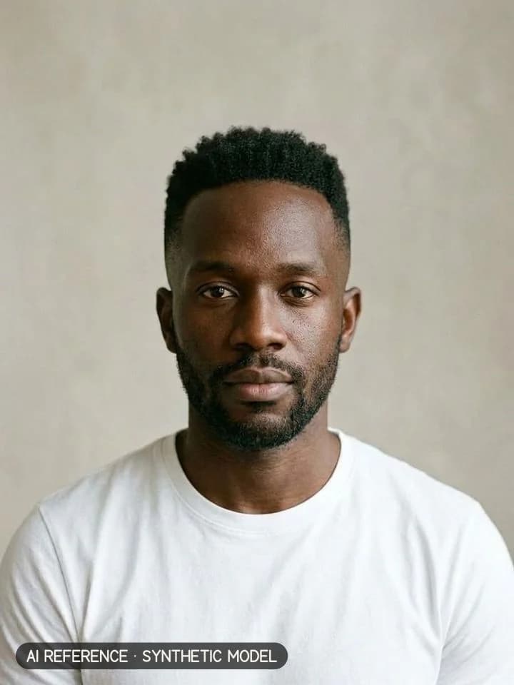 High and tight on Model M4 (deep brown skin · coily 4C hair · 30s). AI reference on a synthetic model — not a real person.