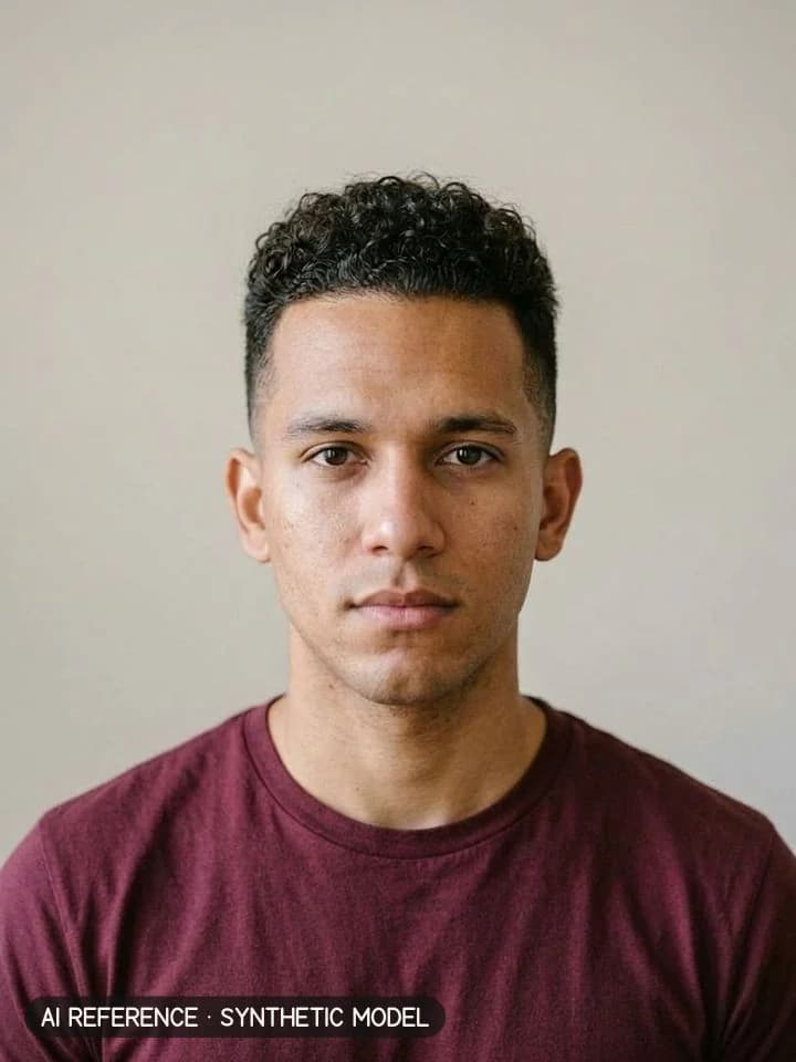 High and tight on Model M5 (light brown skin · curly 3B–3C hair · 20s). AI reference on a synthetic model — not a real person.