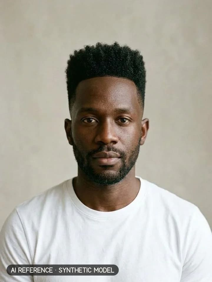 High-top fade on Model M4 (deep brown skin · coily 4C hair · 30s). AI reference on a synthetic model — not a real person.