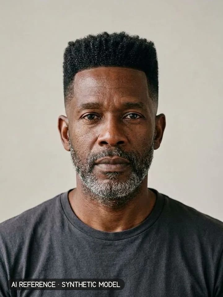 High-top fade on Model M6 (dark brown skin · coily 4A hair with some gray · 50s). AI reference on a synthetic model — not a real person.