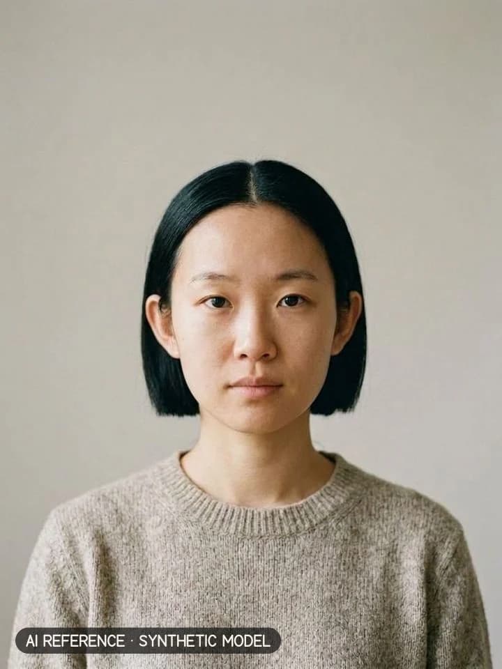 Italian bob on Model W1 (light skin · straight 1B hair · 20s). AI reference on a synthetic model — not a real person.
