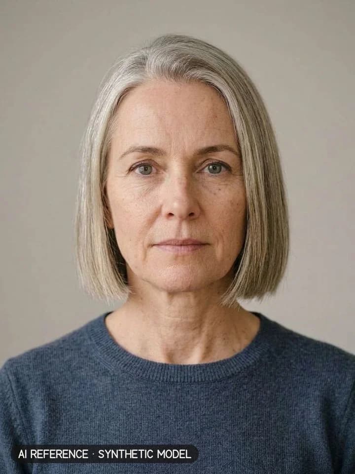 Italian bob on Model W2 (fair skin · straight 1C hair with silver strands · 50s). AI reference on a synthetic model — not a real person.