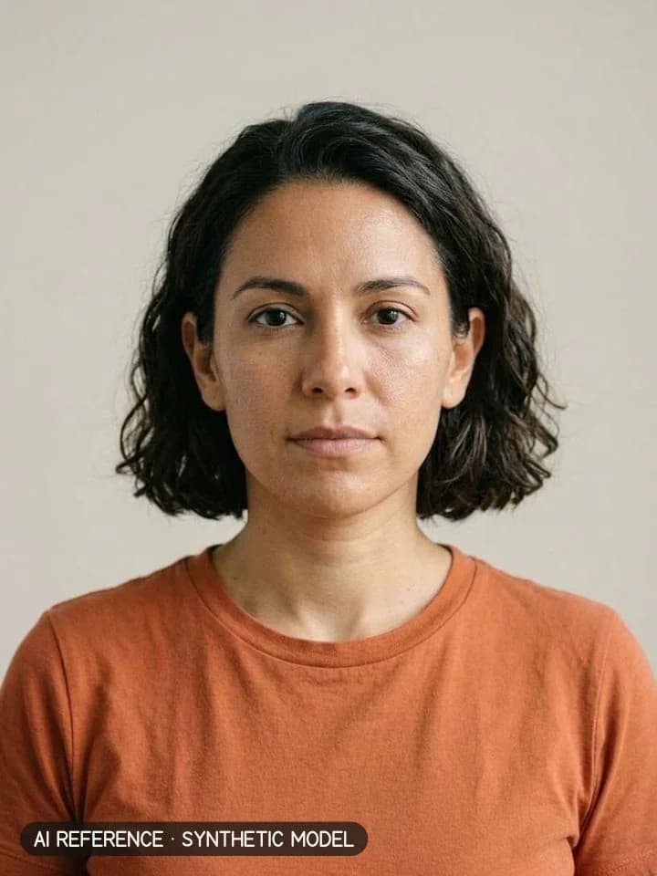 Italian bob on Model W3 (olive skin · wavy 2A–2B hair · 30s). AI reference on a synthetic model — not a real person.