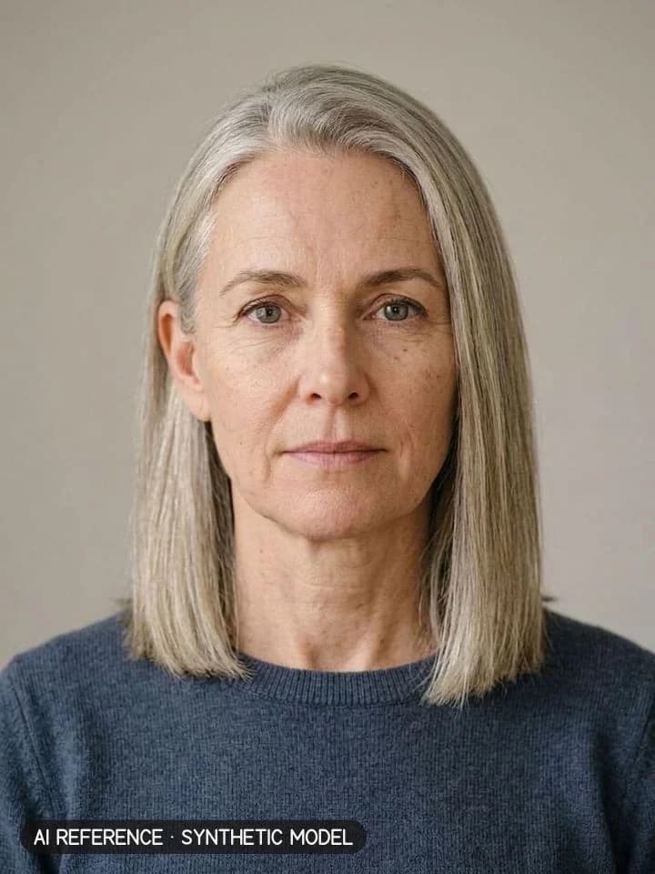 Lob (long bob) on Model W2 (fair skin · straight 1C hair with silver strands · 50s). AI reference on a synthetic model — not a real person.