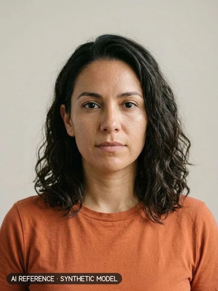 Lob (long bob) on Model W3 (olive skin · wavy 2A–2B hair · 30s). AI reference on a synthetic model — not a real person.
