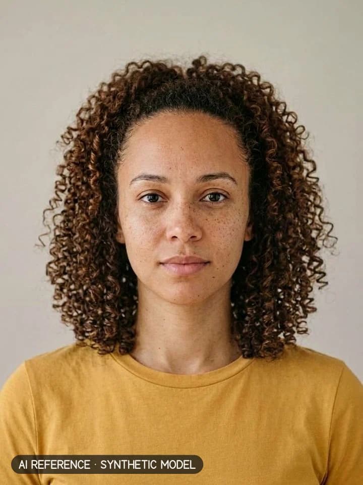 Lob (long bob) on Model W4 (light brown skin · curly 3A–3B hair · 20s). AI reference on a synthetic model — not a real person.