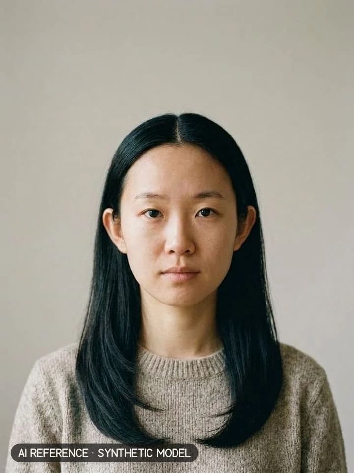 Long layers (V or U) on Model W1 (light skin · straight 1B hair · 20s). AI reference on a synthetic model — not a real person.