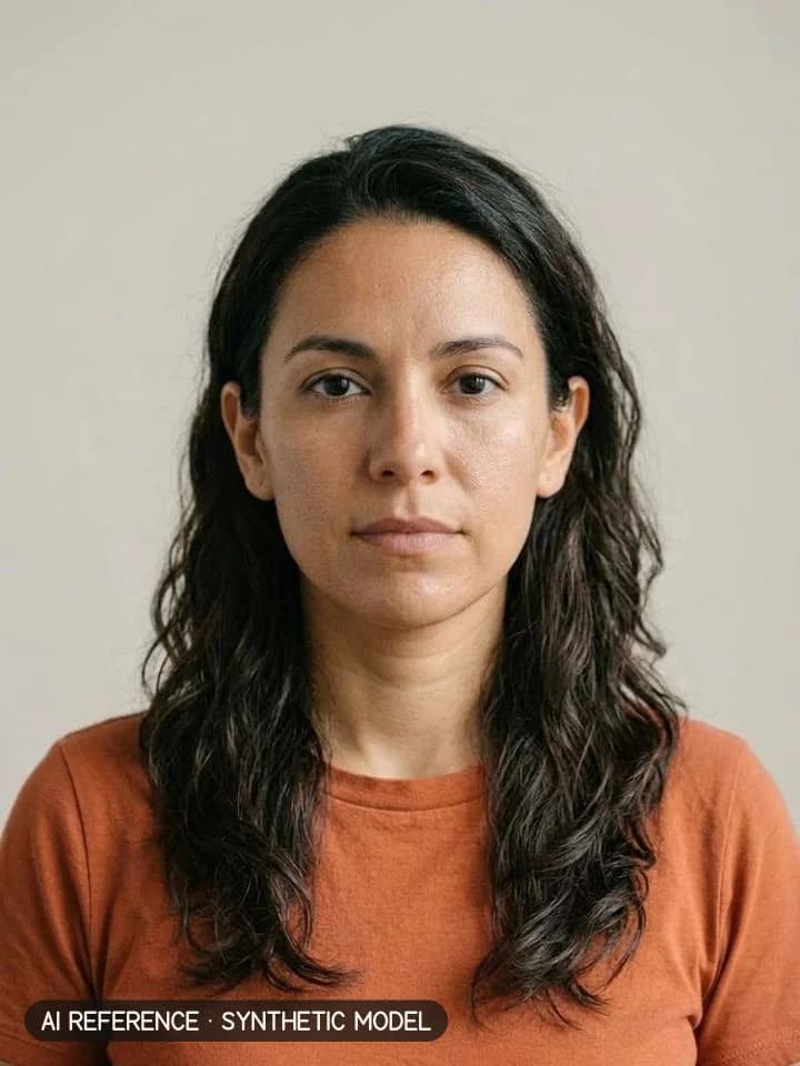 Long layers (V or U) on Model W3 (olive skin · wavy 2A–2B hair · 30s). AI reference on a synthetic model — not a real person.