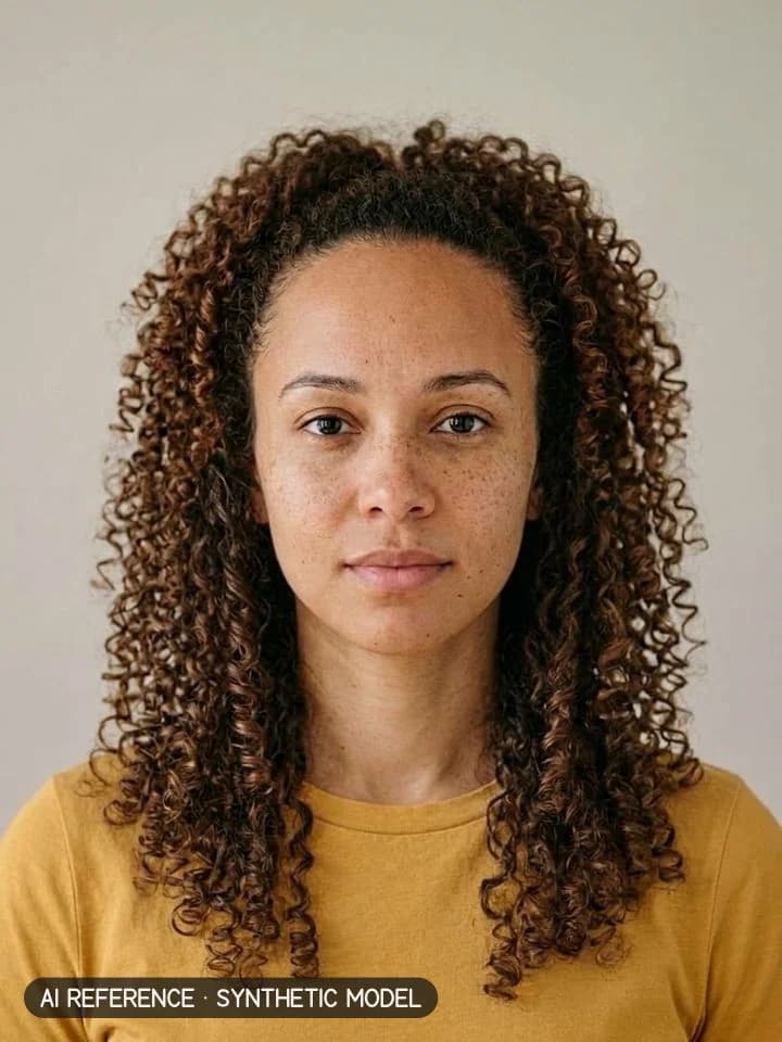 Long layers (V or U) on Model W4 (light brown skin · curly 3A–3B hair · 20s). AI reference on a synthetic model — not a real person.